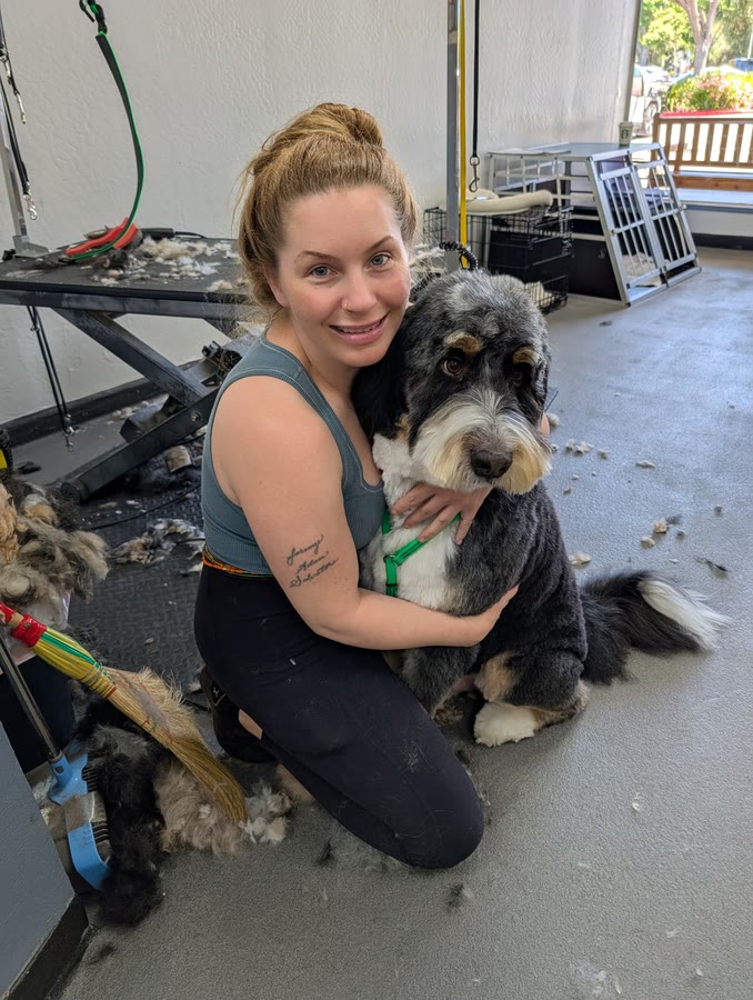 Amanda, owner of Country Pet Wash, with a freshly groomed doodle